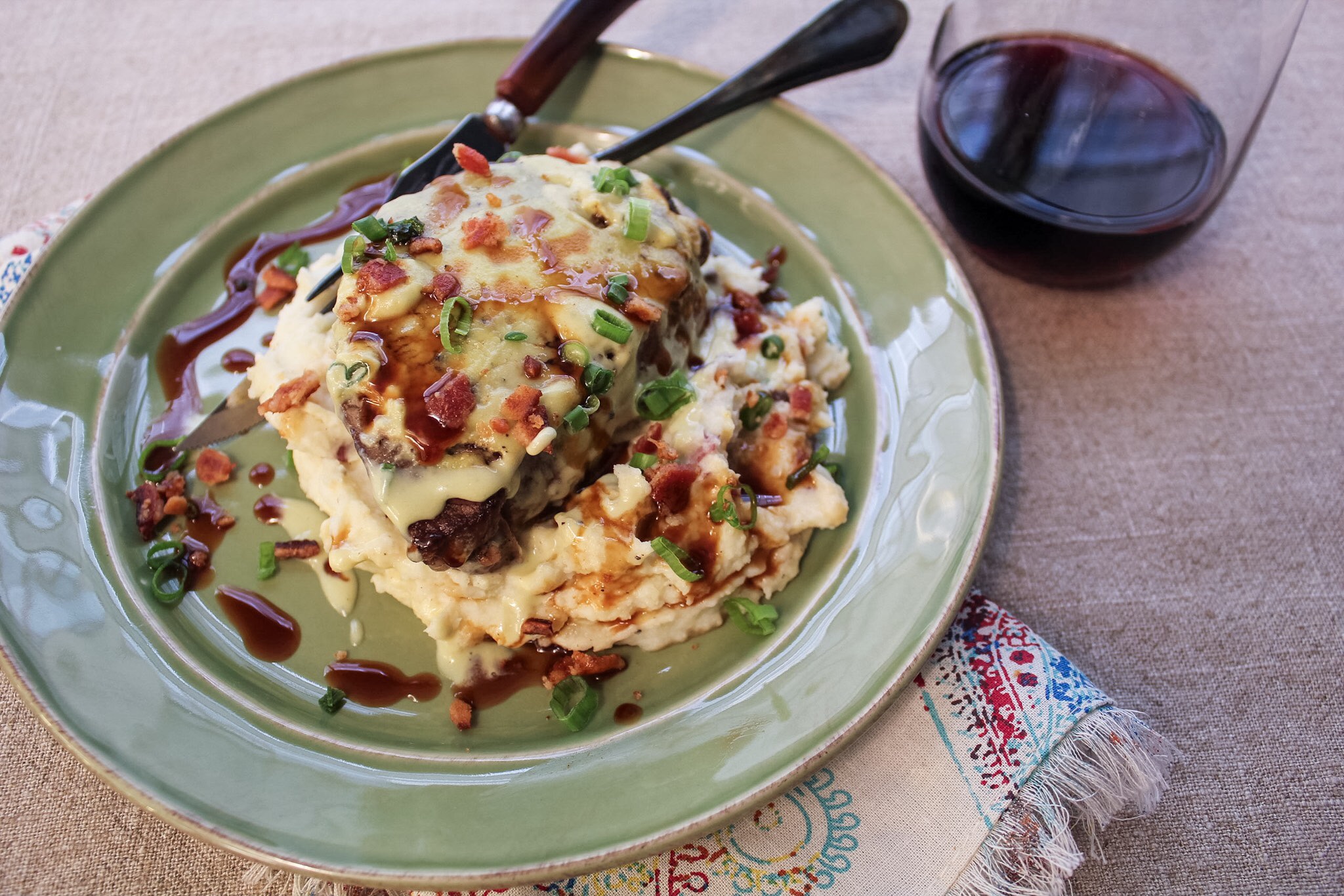 Grilled Filet of Beef with Blue Cheese Glacage, Bacon and Sour Cream